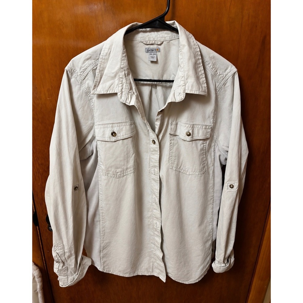 Carhartt Button Down Shirt Womens XXL Stone Ribbed Side Panels Workwear Roll tab